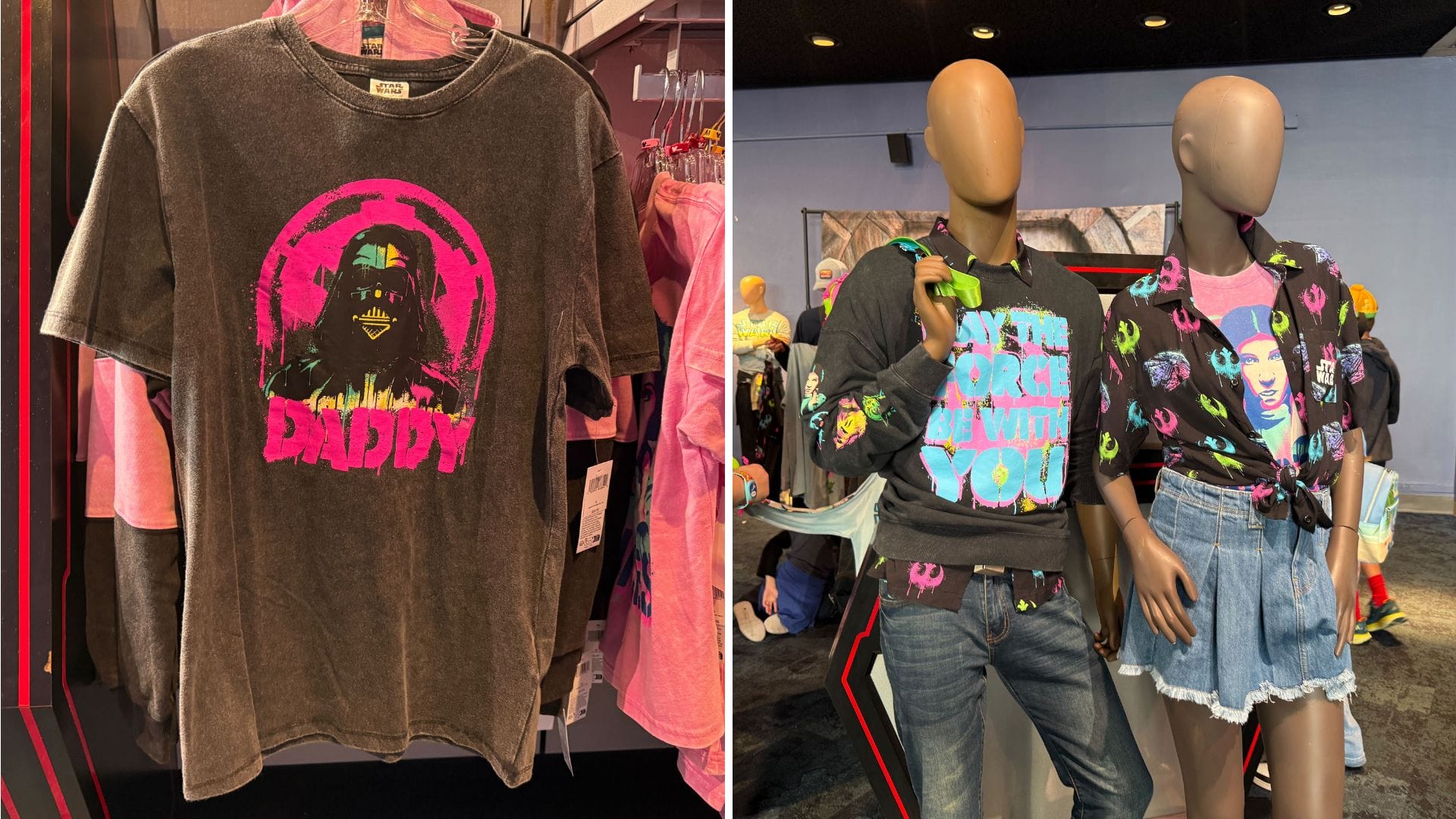 Left: T-shirt with neon Darth Vader and "Daddy" text. Right: Mannequins sporting Star Wars-themed outfits, including Her Universe shirts like one that says "May the Force Be With You" and a Leia graphic T-shirt.