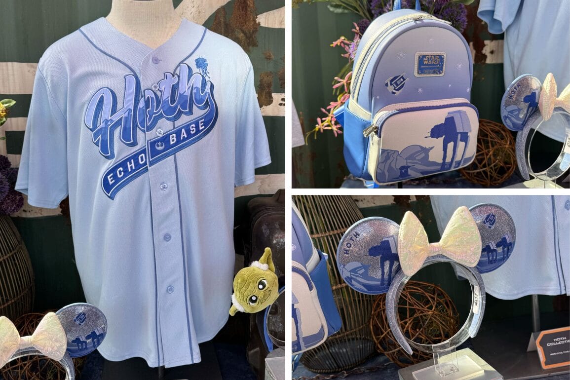 Displaying the light blue "Hoth Echo Base" jersey, this set features a matching backpack and blue ear headbands adorned with white bows and icy planet designs. To complete the ensemble, a small plush of your favorite green character from Hoth is included.