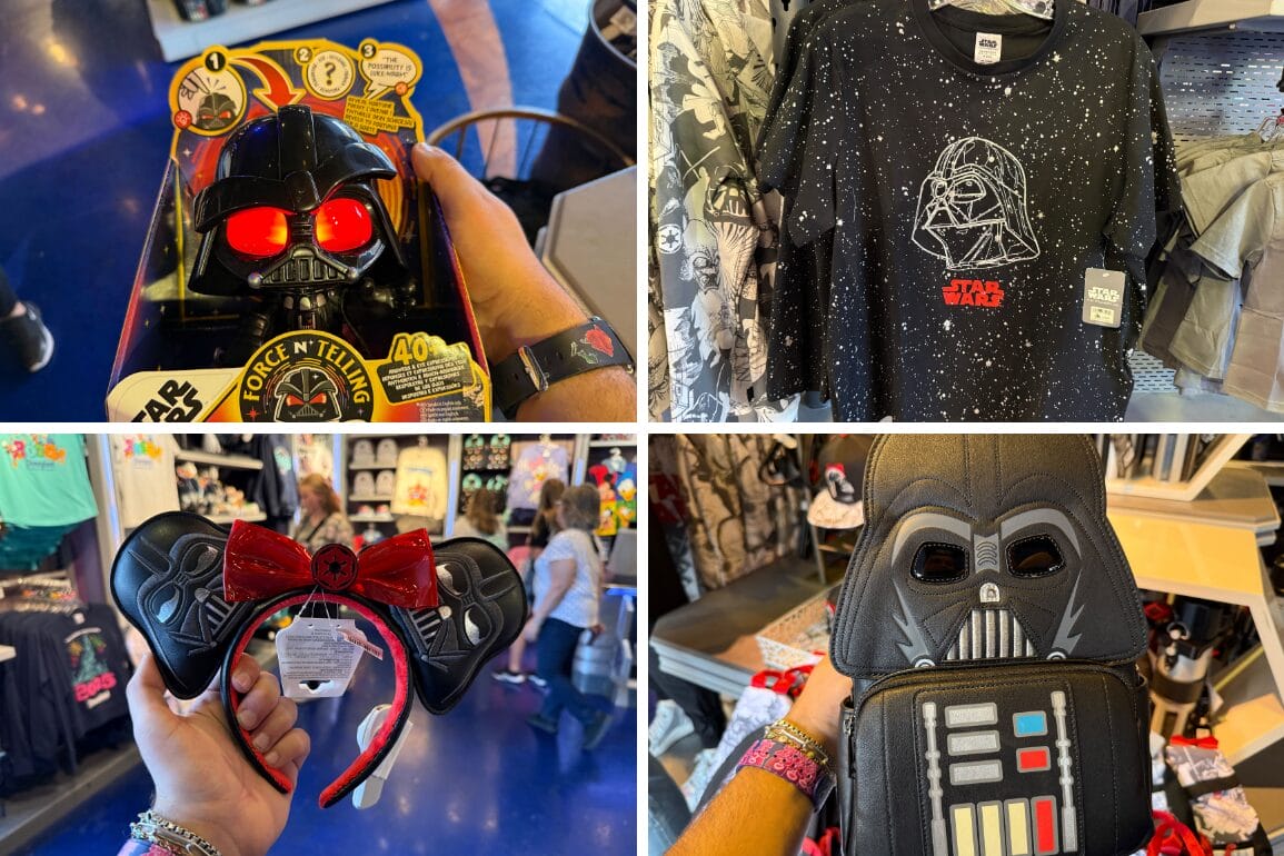 A diverse array of Darth Vader merchandise, featuring a mask, t-shirt, helmet-themed backpack, and themed Mickey Mouse ears, is showcased in the store.