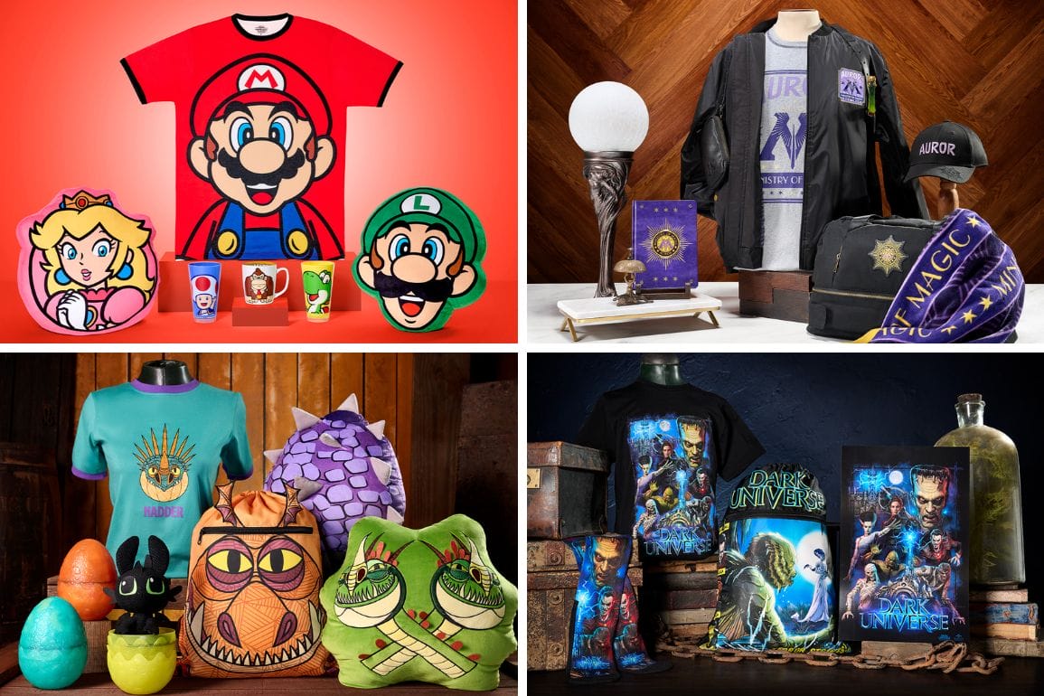 Explore four themed merchandise collections featuring Mario, a university, dragons, and an epic fantasy universe artfully displayed on various backgrounds.