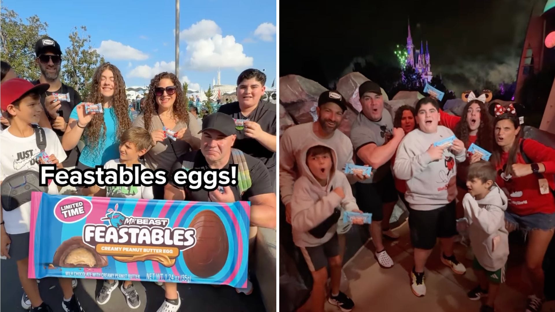 Two groups pose with Feastables chocolate bars: one in daylight holding a large Feastables package, the other at night by a castle backdrop reminiscent of Walt Disney World.