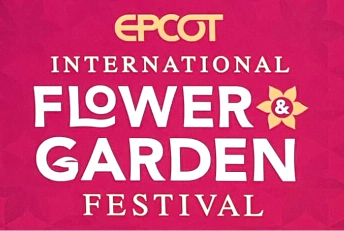EPCOT 2025 International Flower & Garden Festival logo on a pink background with a stylized flower beside the word "Flower.