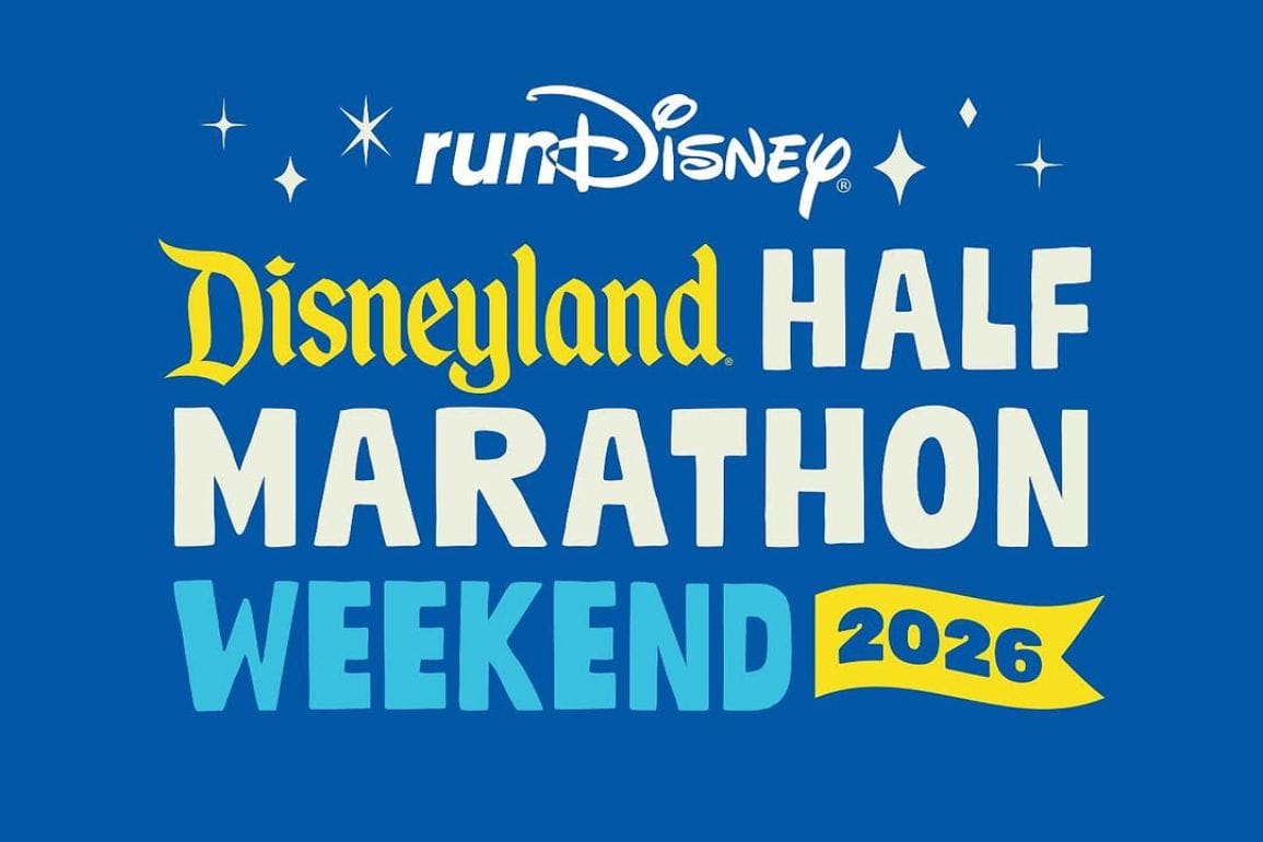 Blue graphic announcing "runDisney Disneyland Half Marathon Weekend 2026" with stars scattered around the text.