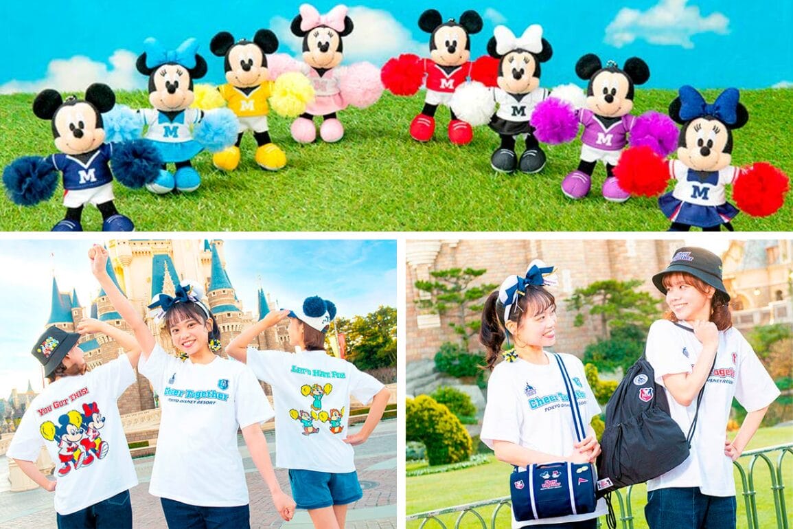 Top: Plush Mickey and Minnie Mouse toys with pom-poms are displayed on grass. Bottom left: Two people pose in Disney-themed shirts, ready to cheer together. Bottom right: Two people wear themed shirts and backpacks, showcasing their love for Disney magic.