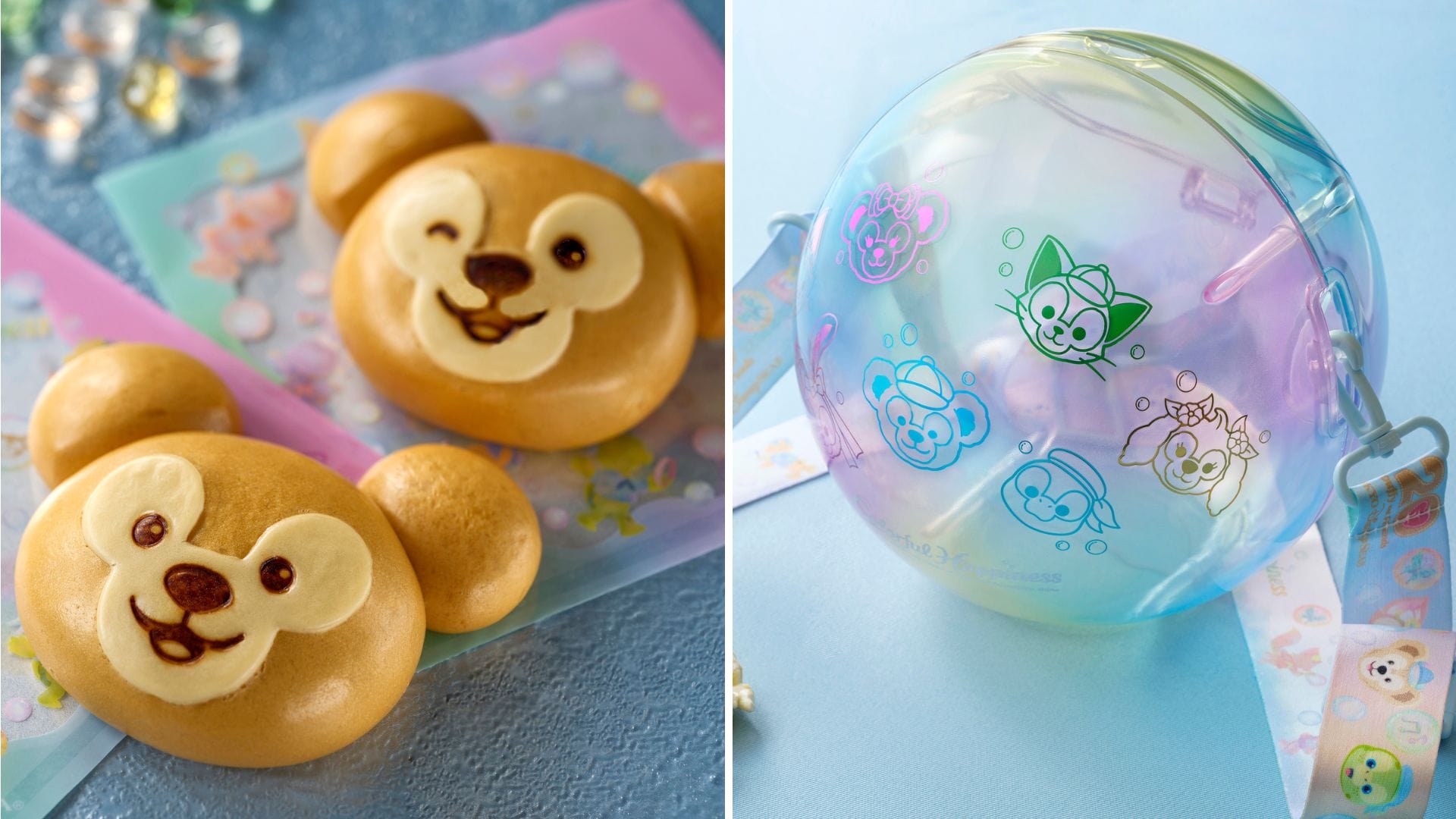 Cute bear-shaped bread rolls on the left side; pastel-colored spherical container with animal designs, inspired by Duffy & Friends from Tokyo Disney Resort, on the right side.