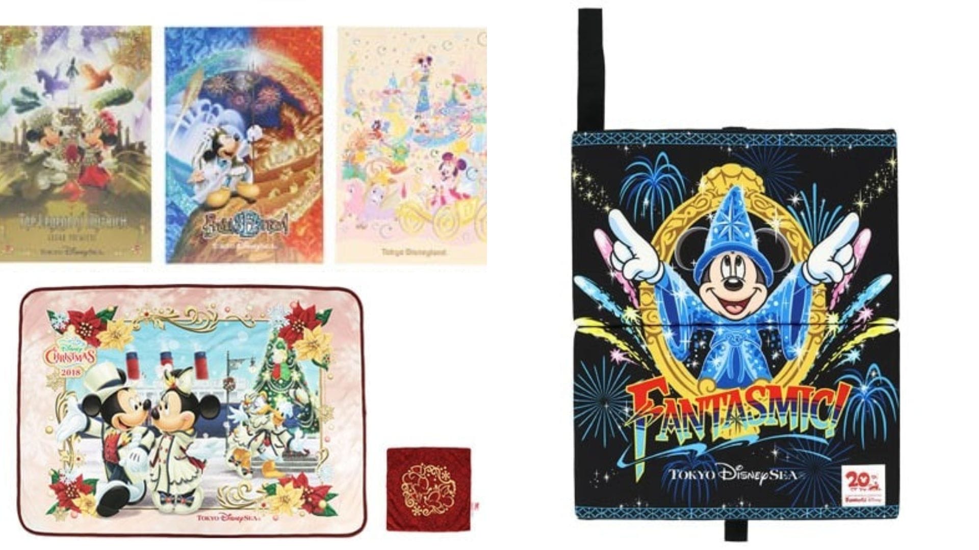 Explore a delightful array of Disney-themed merchandise available for pre-orders, featuring colorful prints with favorite characters. Don't miss the charming Christmas blanket starring Mickey Mouse and the stylish black Fantasmic-themed pouch showcasing Sorcerer Mickey, inspired by Tokyo Disney Resort magic.