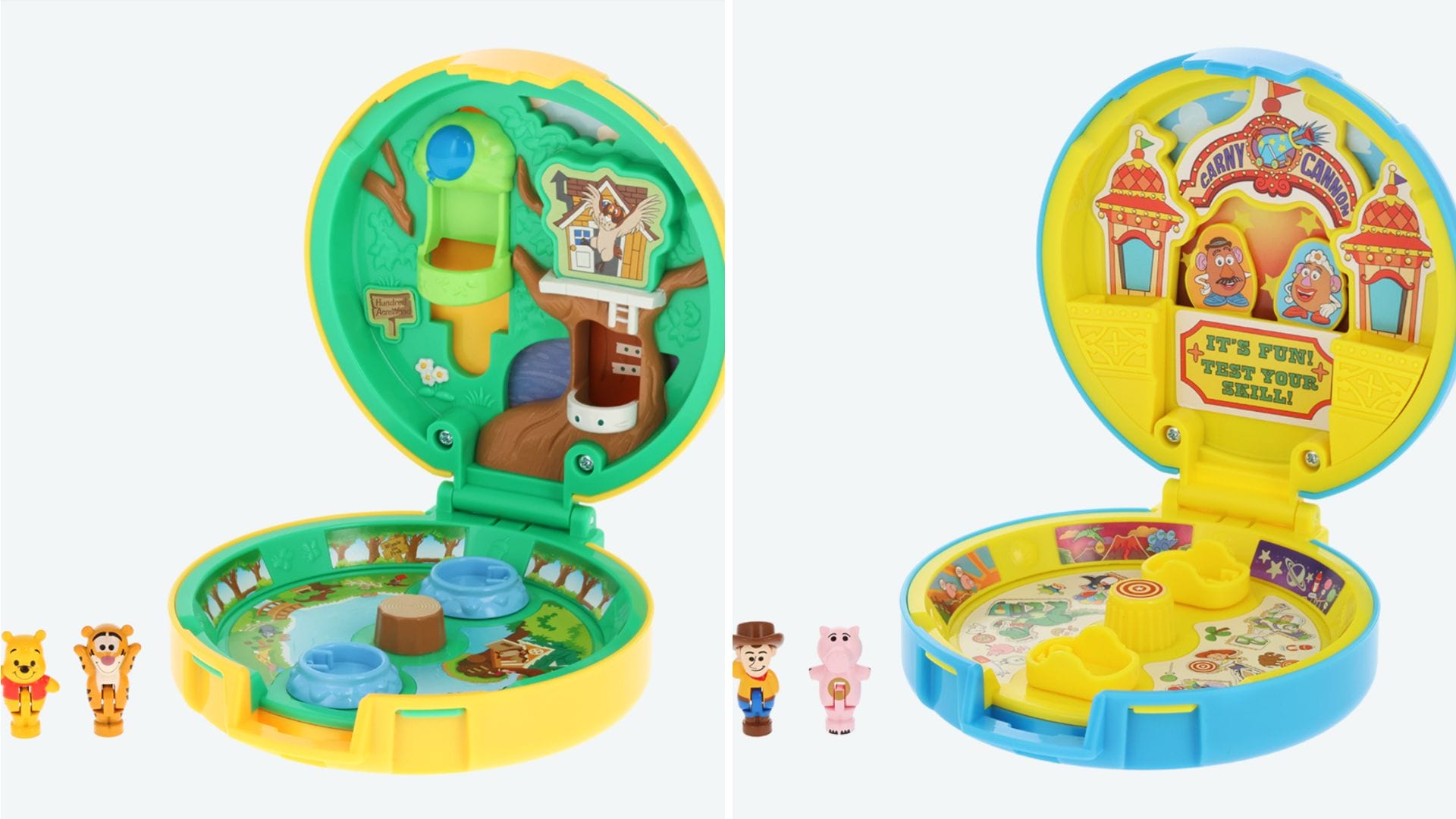 Two open toy playsets: a jungle scene featuring a lion and an explorer, and a whimsical carnival with a boy, a pig, and a bear. Each playset is like stepping into the magic of Tokyo Disney's enchanting adventures.