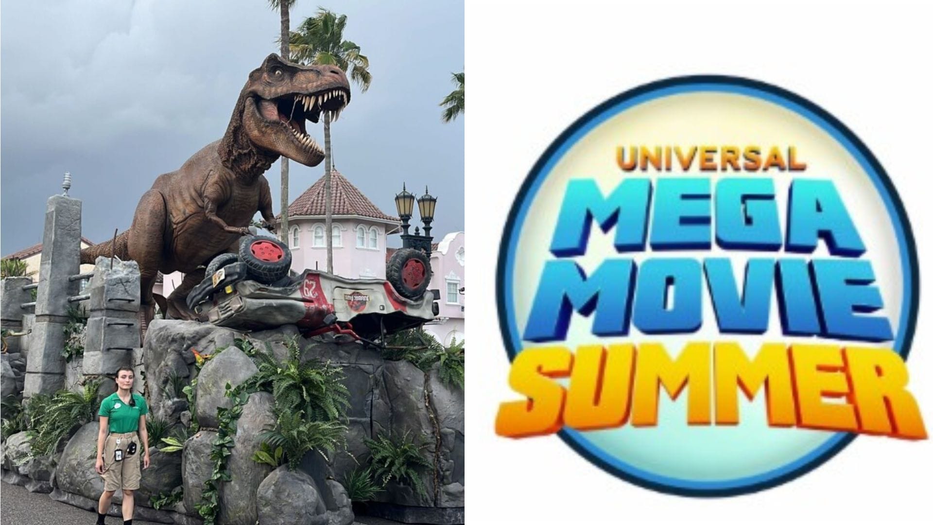 A person stands near a dinosaur display with a toppled vehicle, capturing the thrilling essence of the "Universal Mega Movie Summer" event. Beside them, the iconic logo serves as a trademark of cinematic adventure.