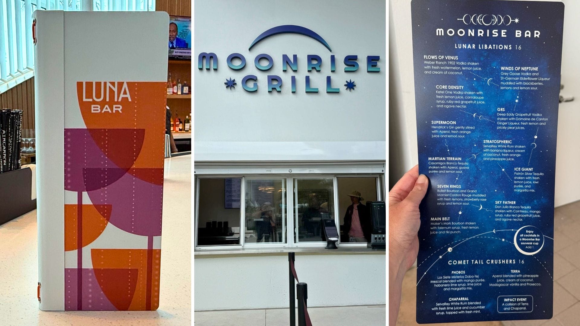 Three images: A Luna Bar sign, a Moonrise Grill order window with menu board, and a close-up of the Terra Luna Resort drink menu.