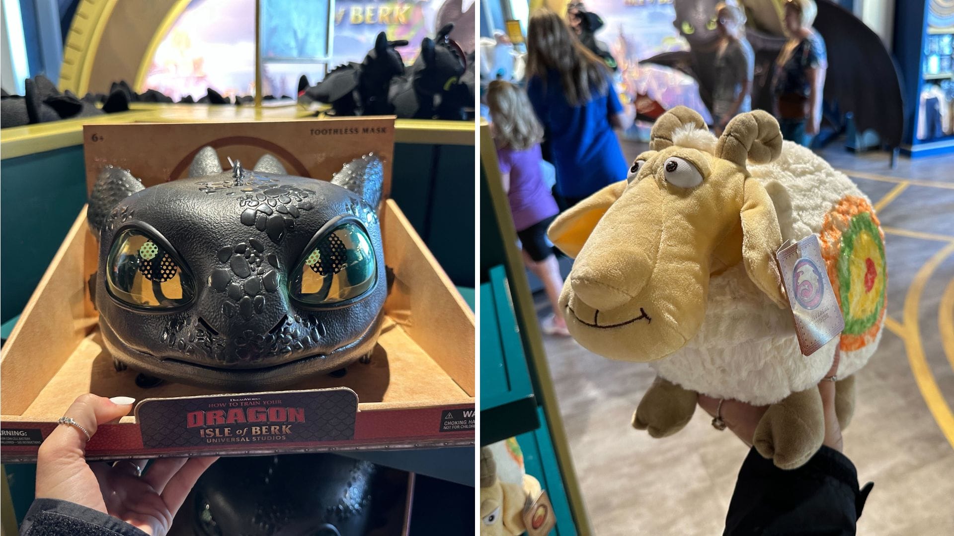 Left image: Close-up of a boxed dragon toy head with large eyes, reminiscent of How to Train Your Dragon merchandise. Right image: Plush sheep toy held in a store setting, perfect for any Epic Universe adventure.