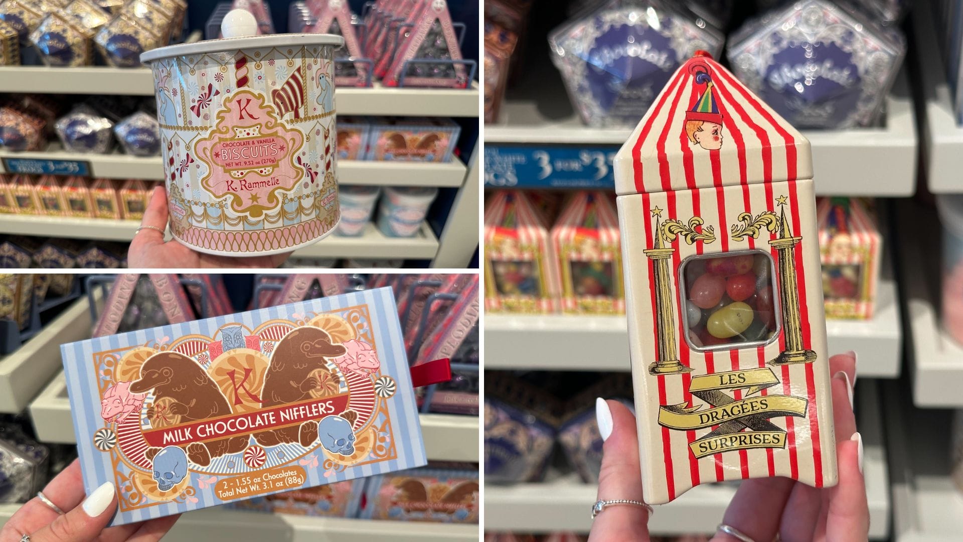 A delightful display of themed confectionery from the French Wizarding World Treats collection, featuring a round tin, a striped box with jelly beans, and a rectangular box labeled "Milk Chocolate Nifflers," all elegantly held in someone's hand at the Universal Stella Nova Resort.