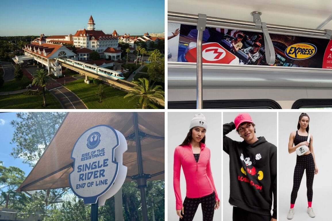 Collage featuring an aerial view of a resort, a train interior with Super Nintendo ad, a sign for a ride line, and models donning themed clothing. Perfect snapshot for your Daily Recap of fun-filled adventures!.