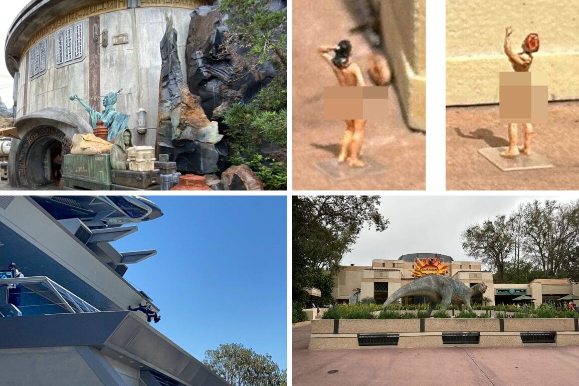 A collage of four images: a futuristic building, small statues blurred for nudity, a spacecraft perched on a structure, and a dinosaur statue. This visual template serves as the perfect daily recap of imagination and creativity.