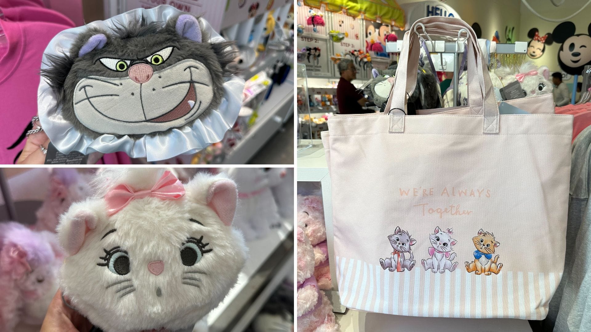 Three images showcase cat-themed merchandise: a gray cat shower cap, a white cat plush, and a Disney Store Japan tote bag with three cartoon cats and the text "We're Always Together." Perfect for fans of The Aristocats collection.