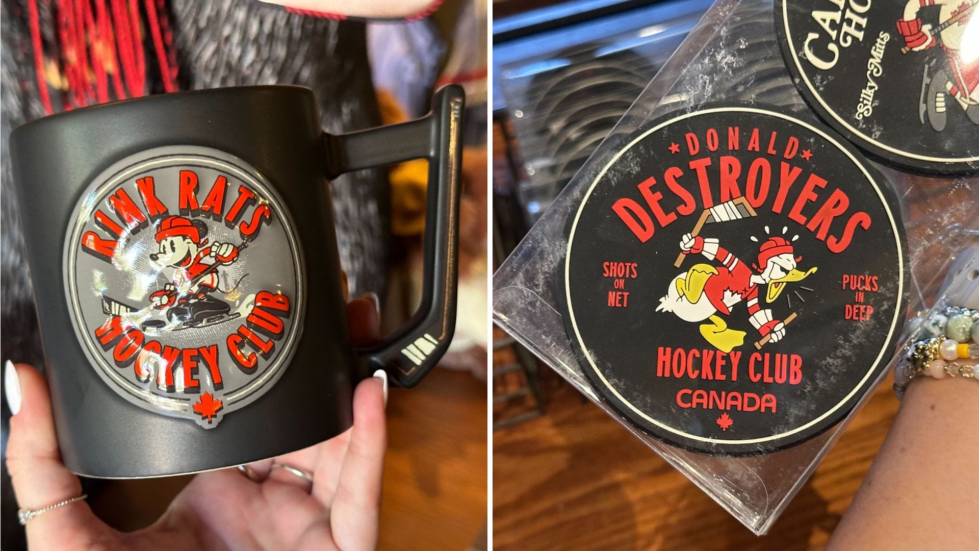 A black mug showcasing the "Rink Rats Hockey Club" and a sticker from the "Donald Destroyers Hockey Club Canada," both with a playful cartoon duck on skates, adds a quirky touch to any hockey merchandise collection.