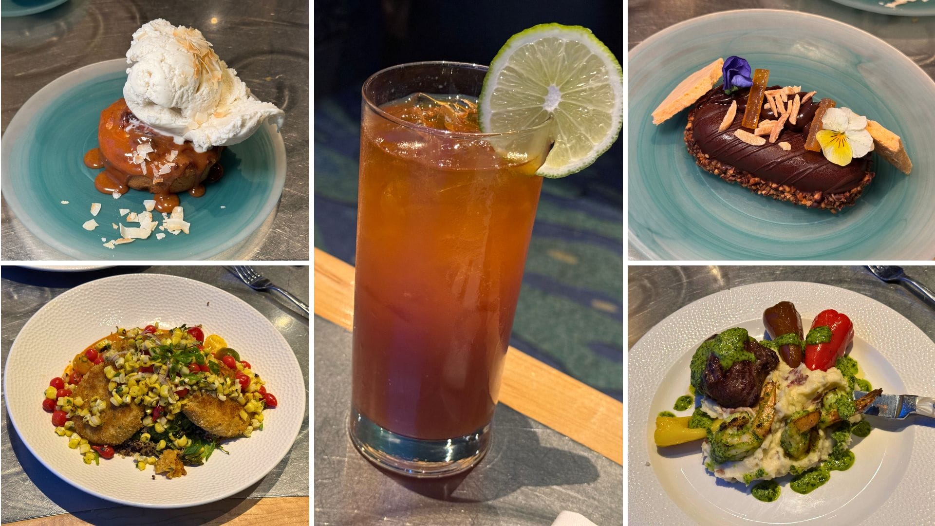 At Coral Reef Restaurant, indulge in five exquisite dishes: a dessert crowned with ice cream, a cocktail adorned with a lime slice, a chocolate treat garnished with flowers, a vegetable dish enhanced by garnish, and a meat entrée drizzled with green sauce and paired with fresh vegetables.