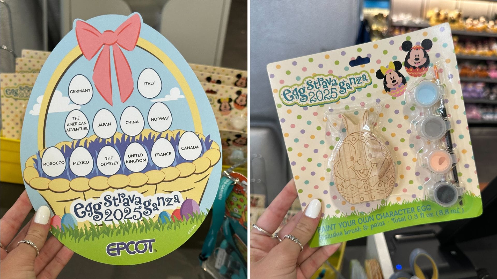 Left: An egg-shaped sign labeled "Egg-Stravaganza 2025" boasts a basket and country names. Right: A paint-your-own Easter egg kit with paint and brush, also marked "Egg-Stravaganza 2025." Imagine this scene at EPCOT's Easter Egg Hunt—a festive celebration of creativity and culture.
