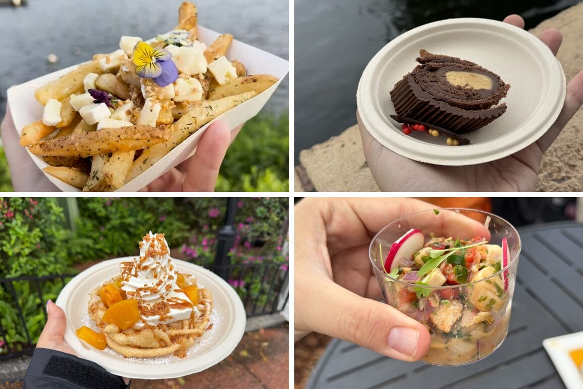 A collage of four delightful dishes from the Flower & Garden Festival: loaded fries adorned with cheese and a flower, a dessert roll, funnel cake topped with whipped cream and peaches, and a colorful mixed vegetable dish in a clear cup.