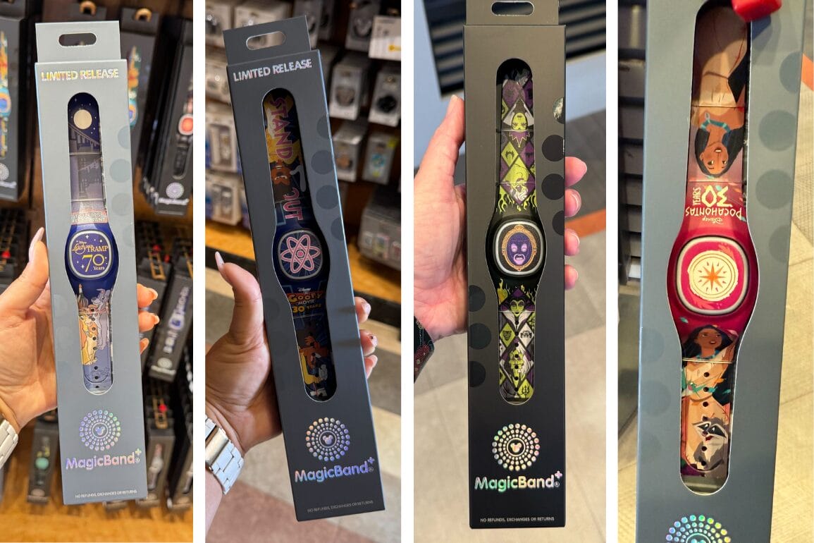 Four MagicBand+ wristbands in packaging, each celebrating an anniversary with themed vintage icons and animated characters, displayed in hand and on shelves.