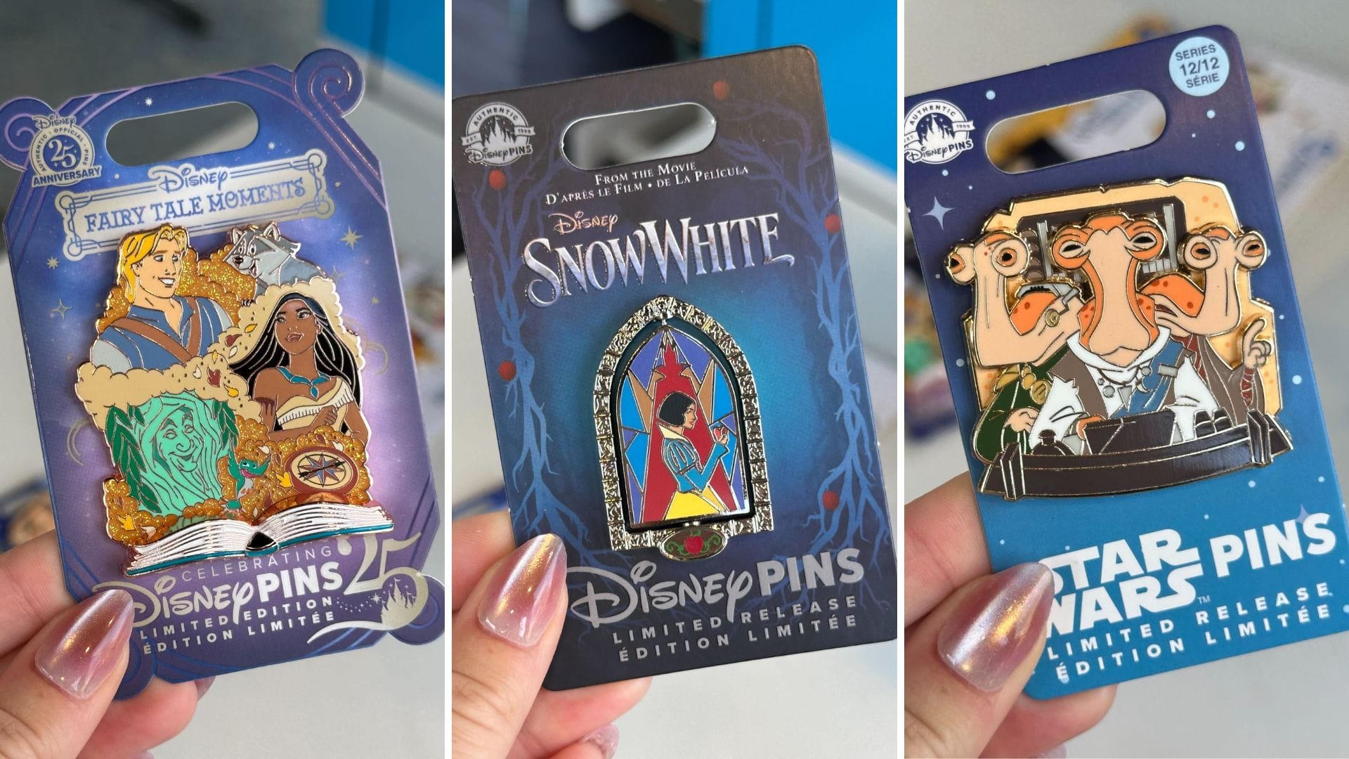 Three collectible Disney pin sets in packaging: "Fairy Tale Moments," "Live-Action Snow White," and "Star Wars." Each pin features iconic characters from their respective themes.