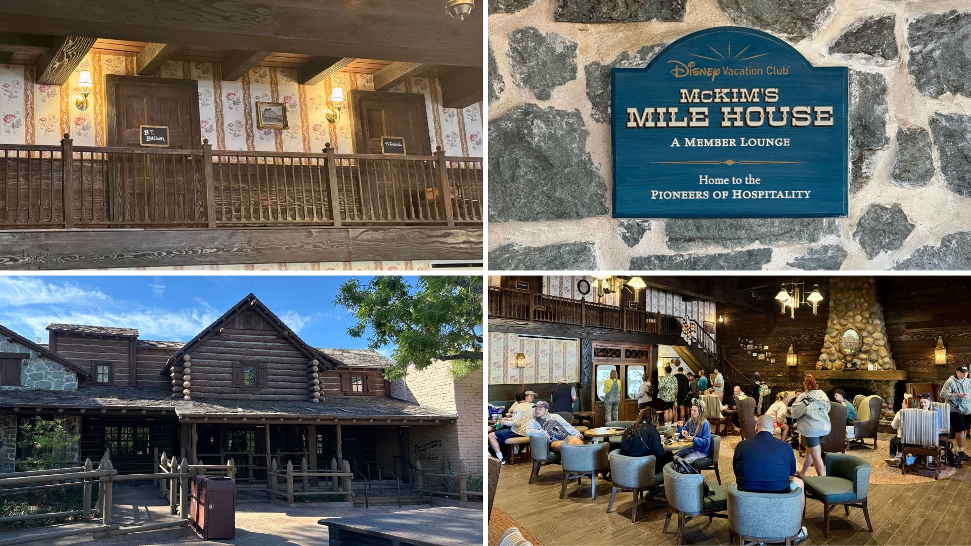 Collage of Disney Vacation Club's Mackin's Mile House, featuring its rustic exterior, a welcoming member lounge sign, and people enjoying the cozy ambiance indoors.