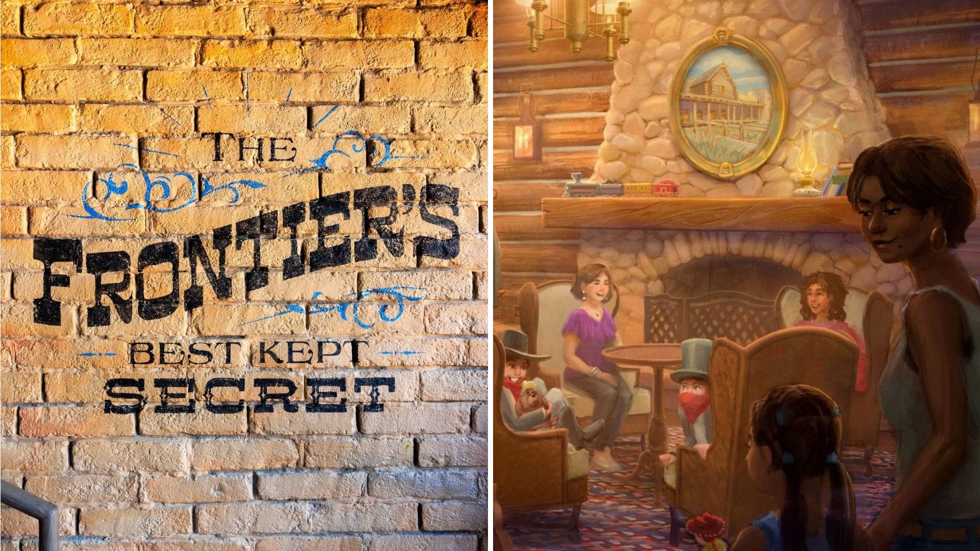 Left side displays a brick wall with "The Frontier's Best Kept Secret" text. Right side features an inviting lounge where people gather by the fireplace in a cozy log cabin-style room, reminiscent of the warmth found near Magic Kingdom.