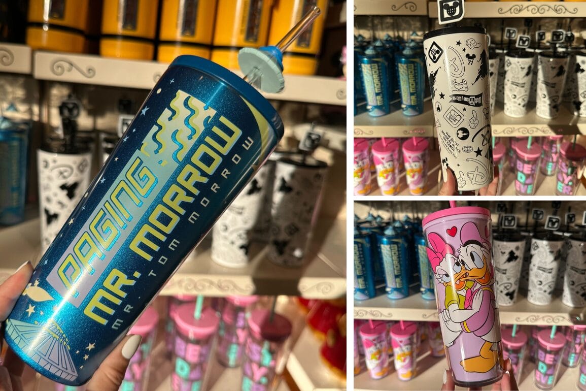 Three images of themed tumblers on display. Left: blue "Paging Mr. Morrow" tumbler. Top right: white tumbler with icons from Magic Kingdom. Bottom right: pink tumbler featuring Daisy Duck, creating a delightful collection of whimsical water bottles for every Disney fan.