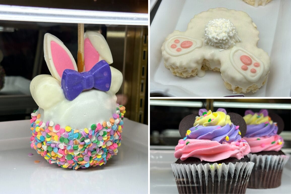 Introducing our 2025 Spring-Inspired Treats: a bunny-themed candy apple, a delightful bunny-shaped rice treat, and cupcakes with purple and pink swirled frosting, all beautifully displayed on a white surface. Perfect for a magical day at the Magic Kingdom!.