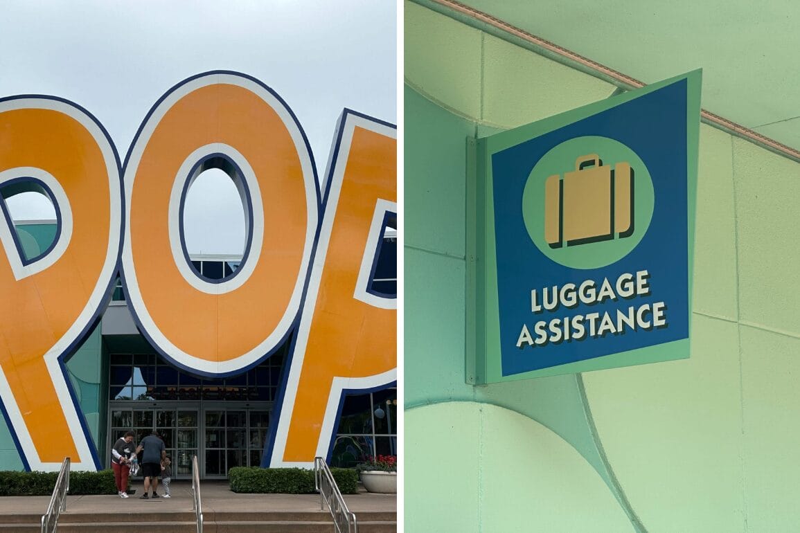 Left: Large orange letters at the entrance of Disney's Pop Century Resort. Right: A sign with a suitcase icon on a green wall reads "Luggage Assistance," hinting at the convenience of Resort Airline Check-in for your bags.