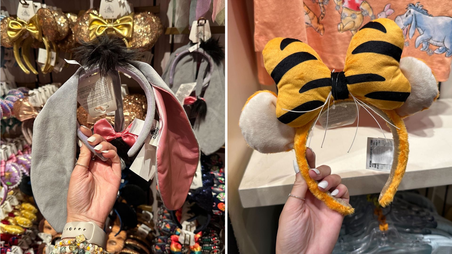 In a store reminiscent of Walt Disney World magic, a person showcases Tigger & Eeyore ear headbands: one grey with floppy ears and a pink bow, the other orange with black stripes and a black bow, adding whimsical charm to any fan's collection.