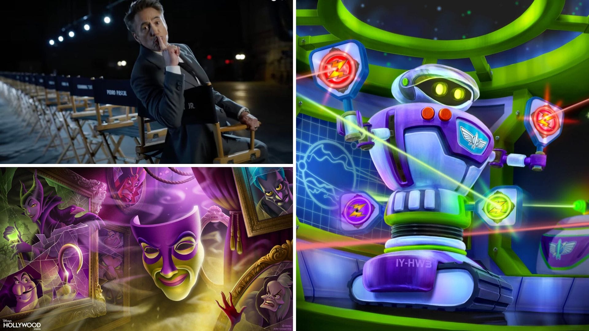 A person makes a shushing gesture near director's chairs, while a purple robot performs in a tech scene. Theatrical masks add flair to the fantasy setting, creating a vibrant template for imagination and creativity.