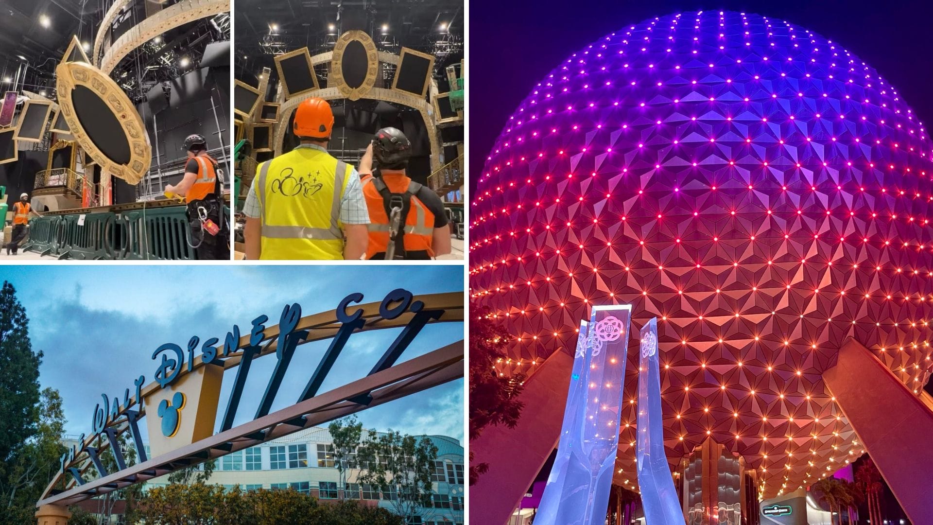 Construction workers and an archway; a lit geodesic dome reminiscent of EPCOT; the Walt Disney Co. entrance sign.