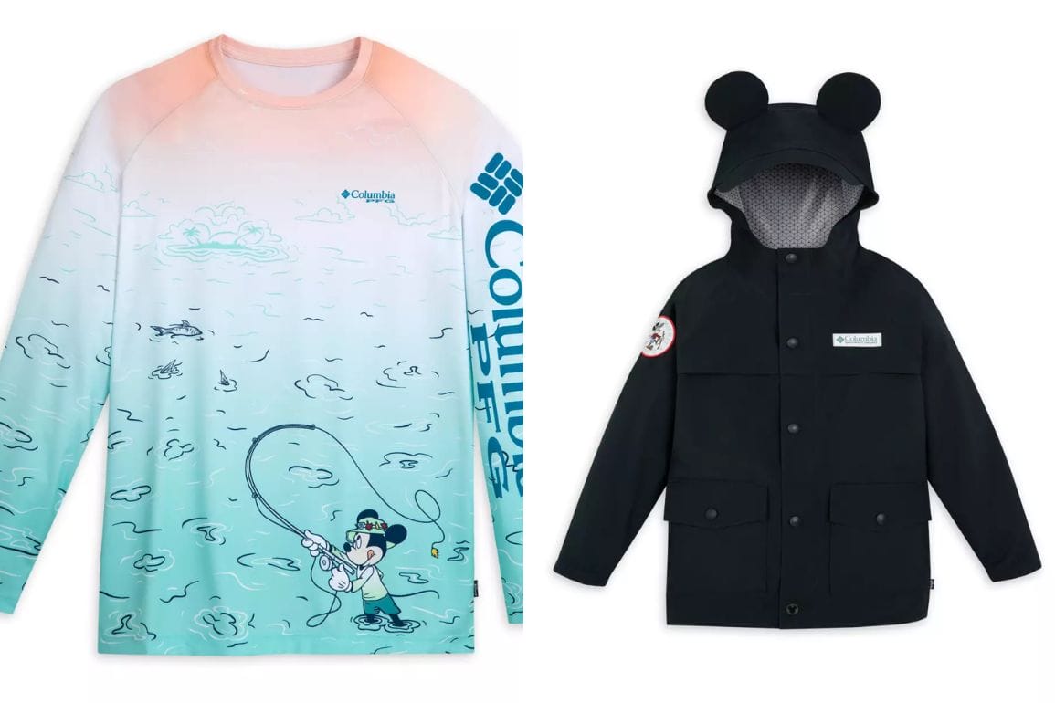 Two jackets: One is from the Columbia Collection—a gradient fishing-themed shirt featuring a character design. The other, an online arrival from Disney Store, is a dark coat with character ears on the hood and a patch on the sleeve.