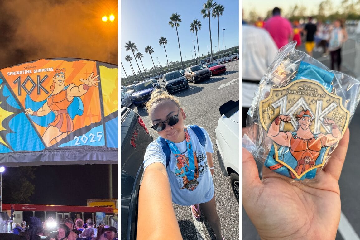 A person sporting a themed T-shirt captures a magical moment with a selfie in the parking lot. The RunDisney Spring Time Surprise 10km event banner and matching medal gleam in the background.