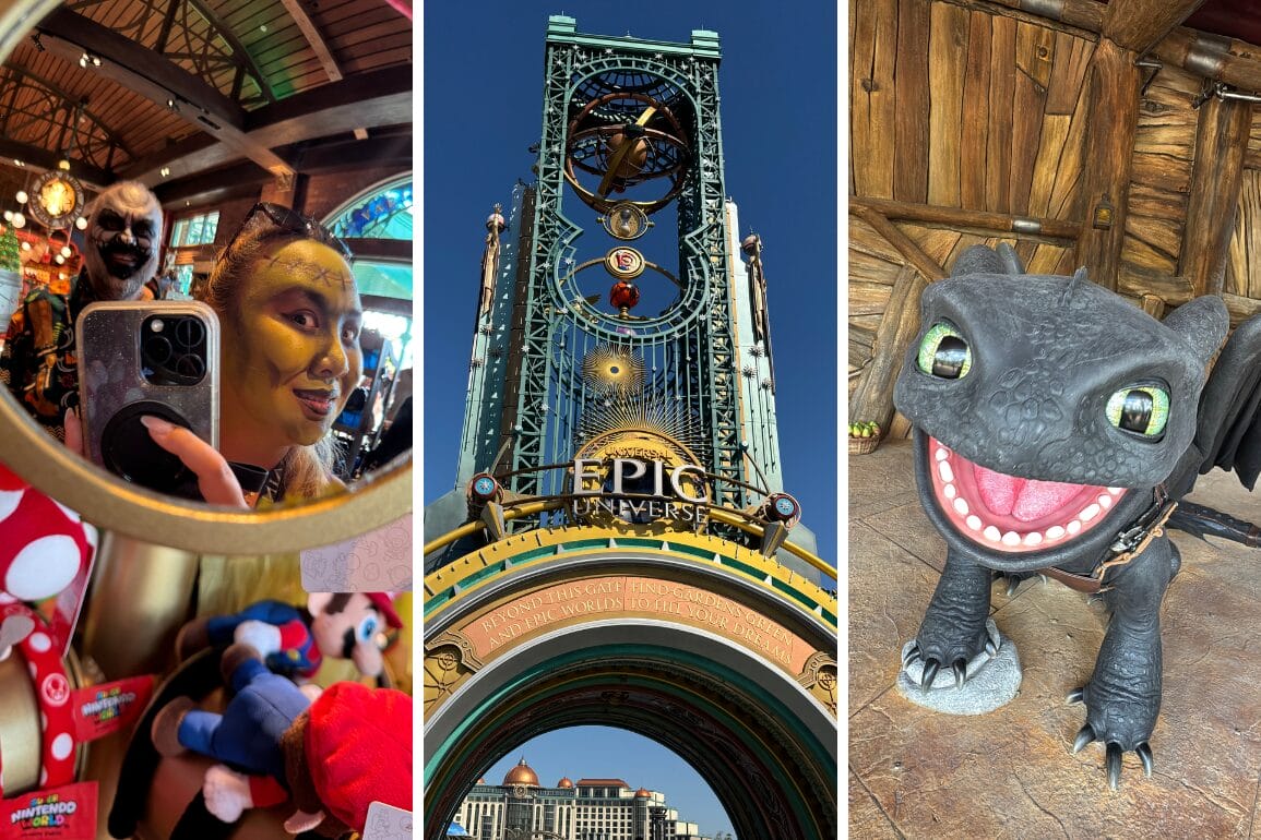 Left: Two in costume selfie, center: EPIC Universe arch, right: Toothless statue—an honest review in every smile.