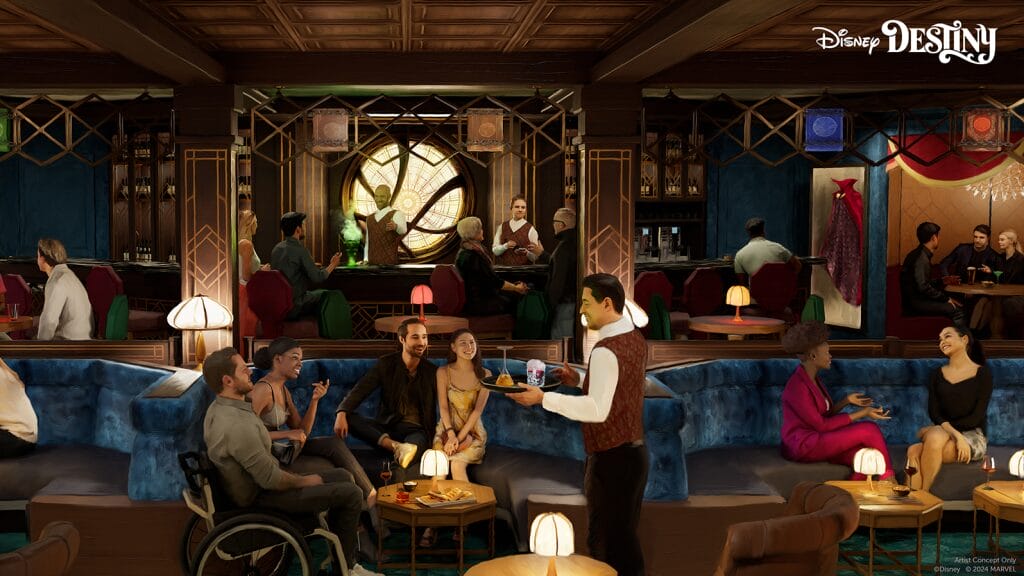 In The Sanctum, an elegant lounge scene unfolds with diverse guests seated on blue couches, savoring drinks. A waiter serves beverages amid intricate decor, a large circular window, and warm lighting that evokes the mystical allure of a Doctor Strange Lounge.
