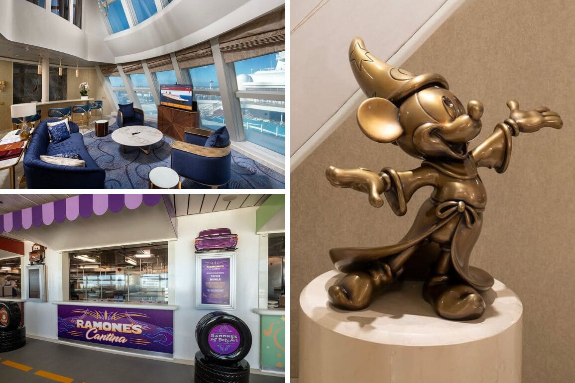 Collage of three images: a modern lounge with marina view, Ramone's Cantina—a colorful cafeteria—and a whimsical bronze statue reminiscent of Sorcerer Mickey, wearing a hat and robe.