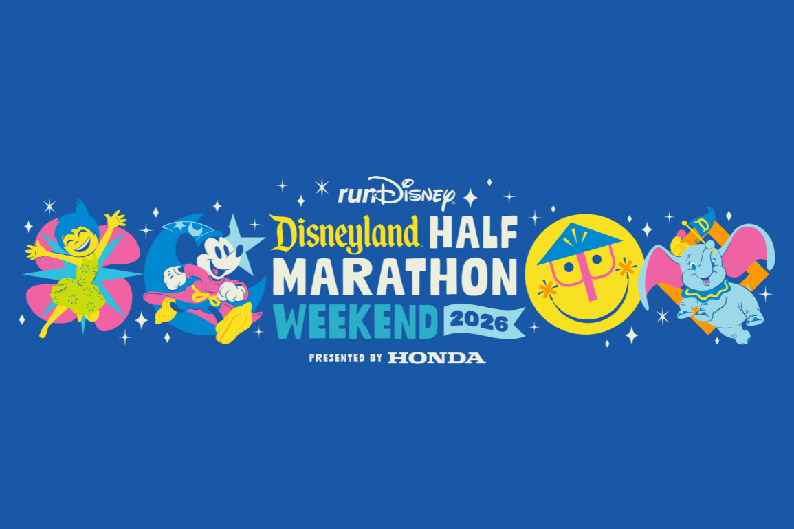 Experience the magic of the Disneyland Half Marathon Weekend 2026 with a vibrant promotional image. Featuring colorful characters like a fairy, a mouse, a cheerful sun, and an elephant—all brought to you by Honda.