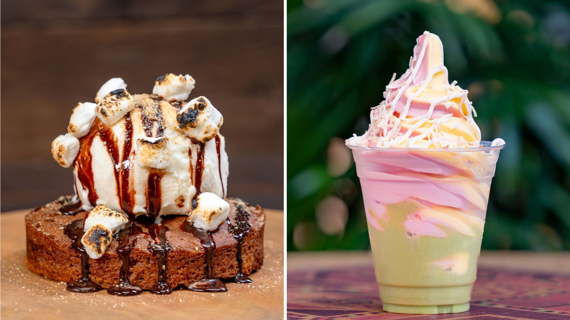 Left: Brownie with ice cream, toasted marshmallows, and chocolate sauce—new Disneyland desserts to try. Right: Swirled soft-serve cup.