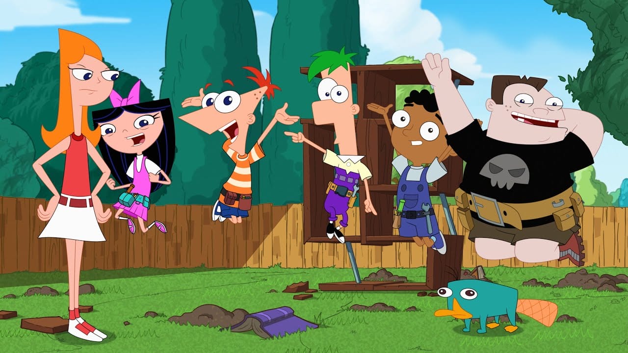 In a lively backyard scene reminiscent of *Phineas and Ferb*, animated characters jump around with tools and debris. A girl in a white skirt observes the chaos while a platypus relaxes nearby. With trees and a wooden fence in the background, it feels like a moment straight out of Disney Channel or Disney+.