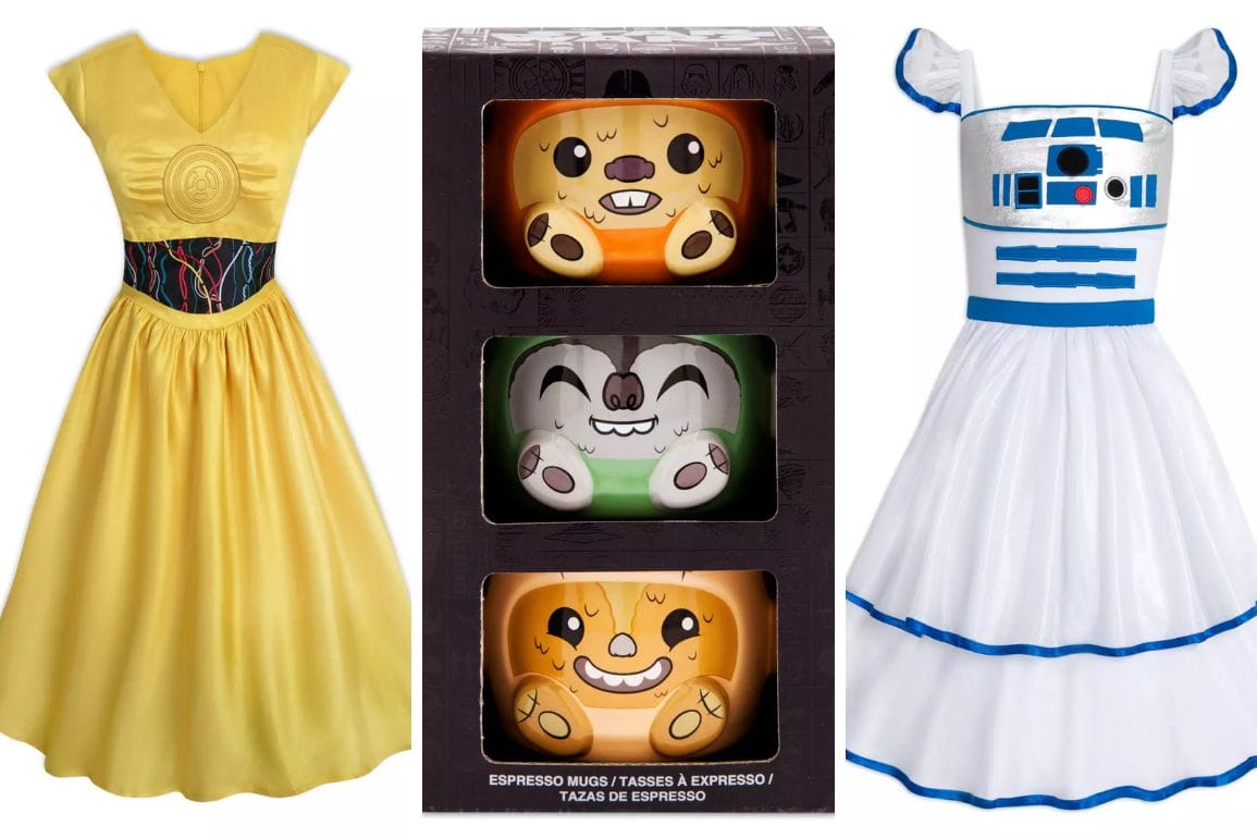 A yellow dress with a circuit pattern waistband, Star Wars merchandise featuring three cartoon espresso mugs, and a white dress with blue R2-D2 design and ruffled sleeves inspired by the Legends of Endor.