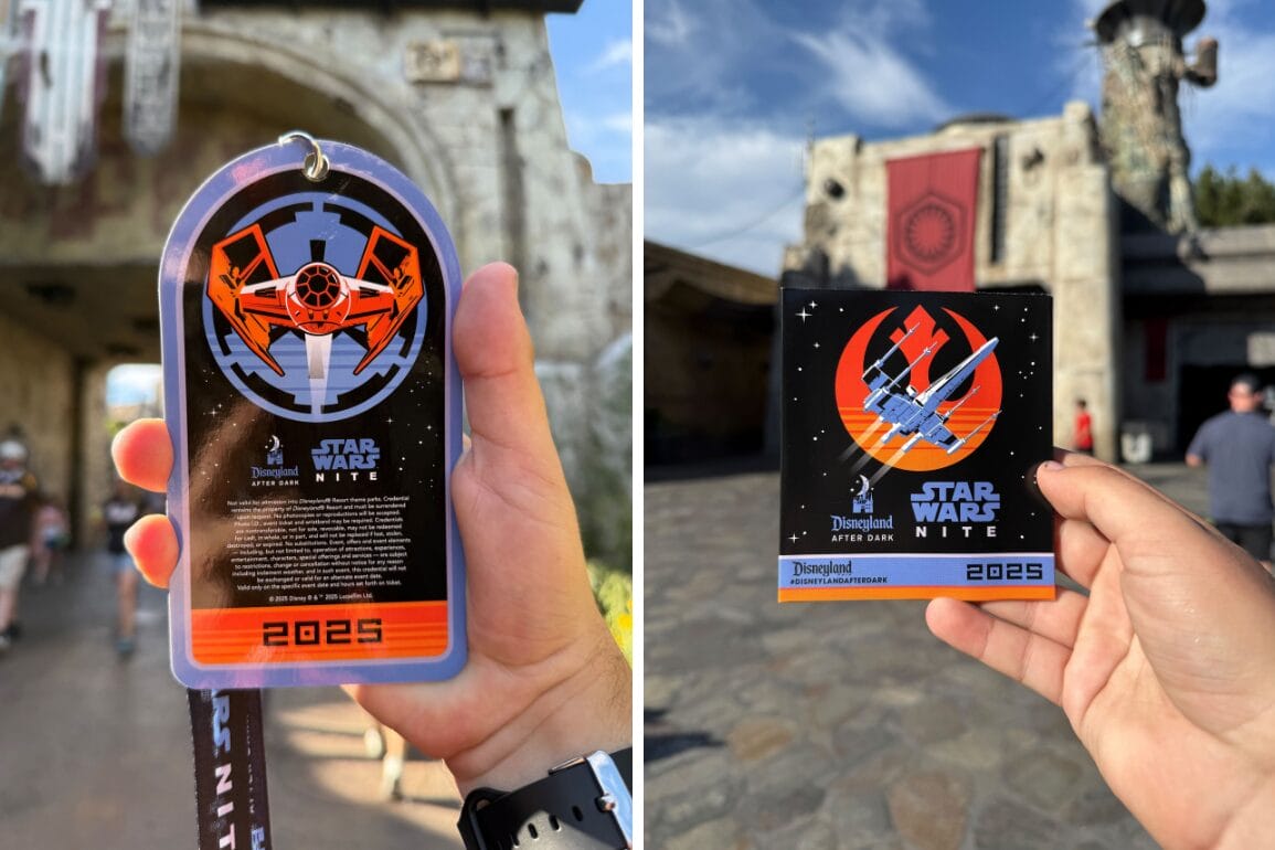 Two images showcase Star Wars Nite 2025 memorabilia: a lanyard and a collector card with a starfighter against a galactic background. Also included is an exclusive guide map, enhancing your experience and offering insider insights into the night's stellar events.