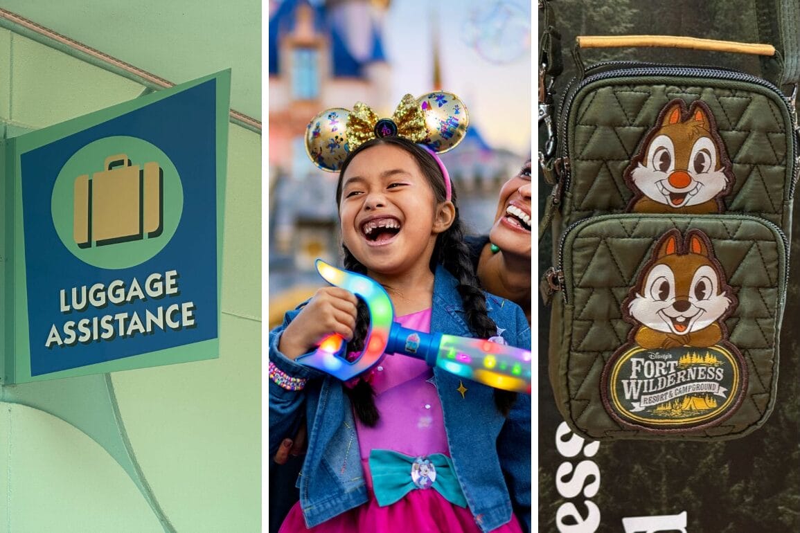 A child donning Minnie Mouse ears wields a light-up wand beside a luggage assistance sign, while a bag adorned with cartoon chipmunks captures the magic of a Disneyland experience.