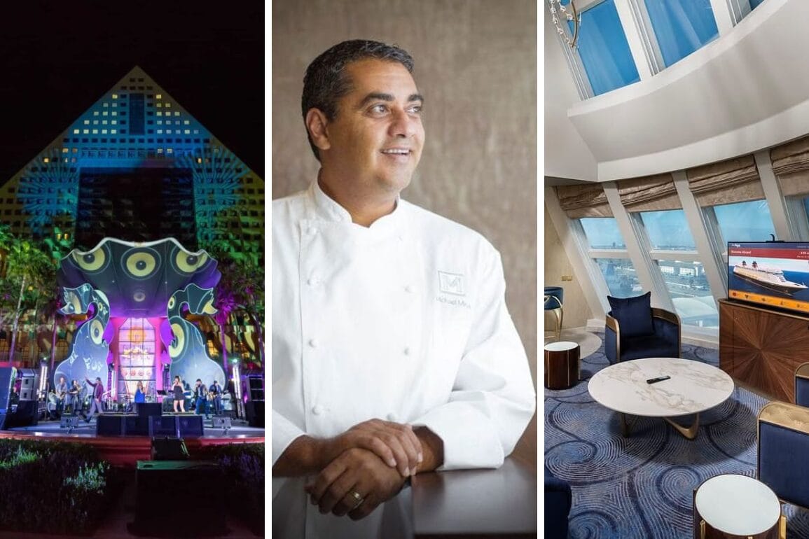 A collage features a concert at a geometric building, a chef in white attire, and the Sorcerer Mickey Suite—a modern room with large windows and circular seating.