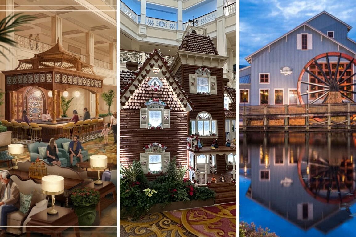Three-panel image: elegant hotel lobby with seating, a gingerbread house display at the Grand Floridian, and a blue building with a large waterwheel reflecting on a pond.