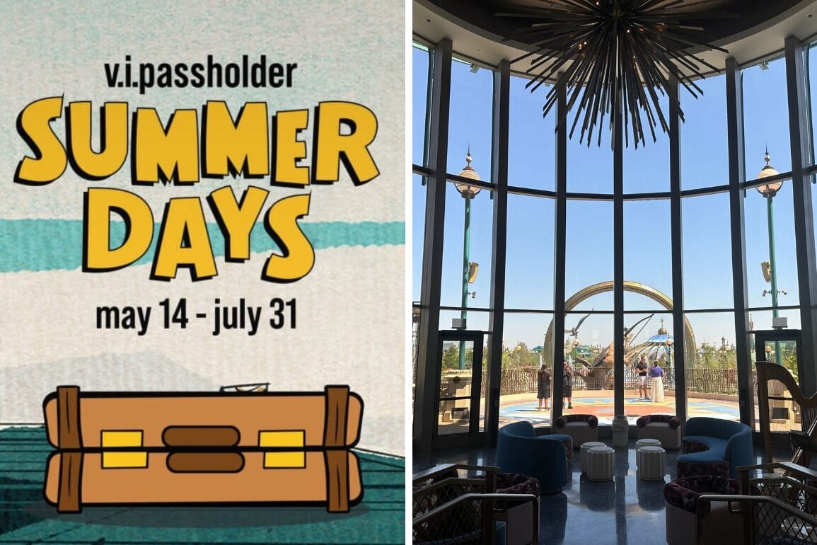 Split image: Left side is a "V.I.Passholder Days" event poster for May 14–July 31, featuring a suitcase. Right side shows a sunlit lounge with large windows overlooking Walt Disney World.
