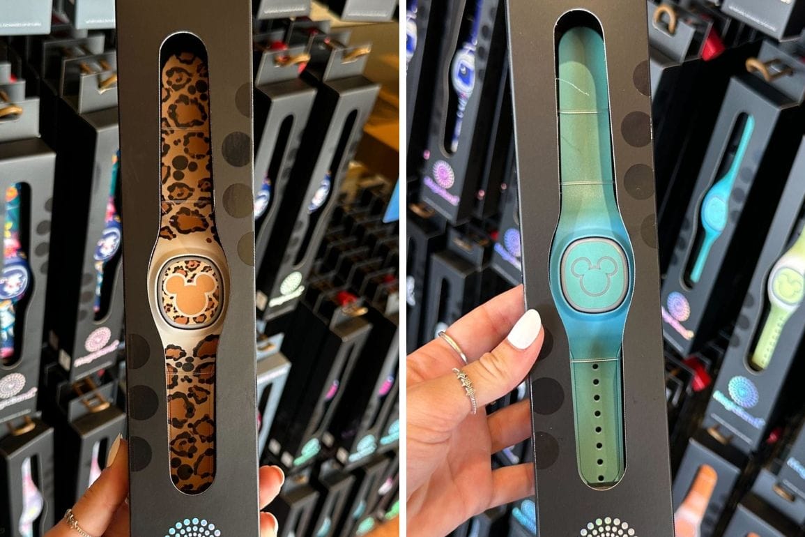 Two MagicBand+ wearable bands displayed in packaging: the left features a leopard pattern with a Mickey logo, while the right is green with a similar logo. Hands hold each MagicBand+ package against a backdrop of more vibrant bands, showcasing their charm and style.