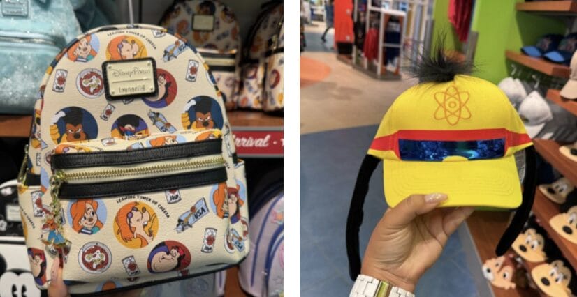 Left: Loungefly backpack with cartoon character designs. Right: Yellow hat with black visor and red stripe, featuring an atom symbol on the front, reminiscent of A Goofy Movie's quirky style.
