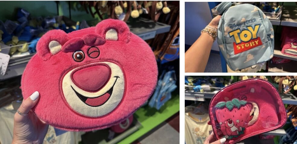 A plush Lotso bear pouch, a Toy Story sling bag backpack, and an open pink purse displaying a strawberry decoration are shown, perfectly capturing the whimsical spirit of Walt Disney World.