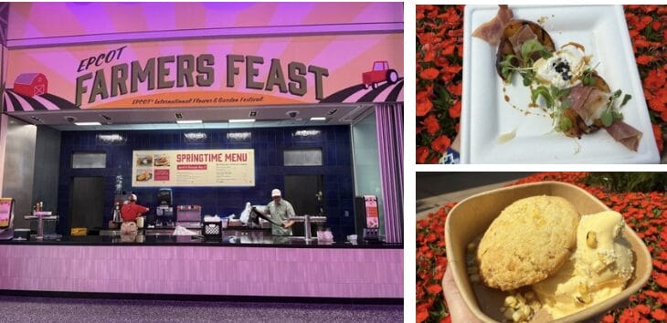 EPCOT Farmers Feast food stall with two staff members proudly showcases a springtime menu. Side images reveal a cured meat dish with greens and a dessert topped with a biscuit, highlighting the fresh flavors of the season.